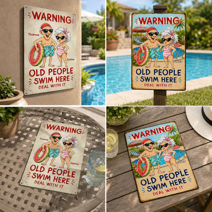 Personalized Rectangular Iron Sign, Funny Old People Swim Here Pool Decor, Unique Gift for Couple