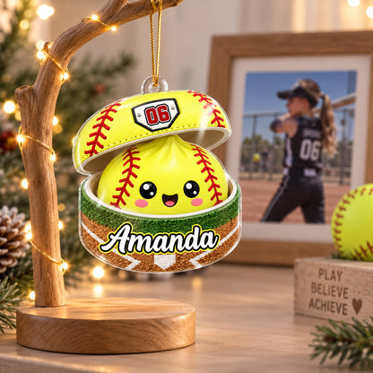 Personalized Softball Dumpling Acrylic Ornament, Cute Yellow Tree Decor, Unique Christmas Gift for Daughter, Son, Grandkids