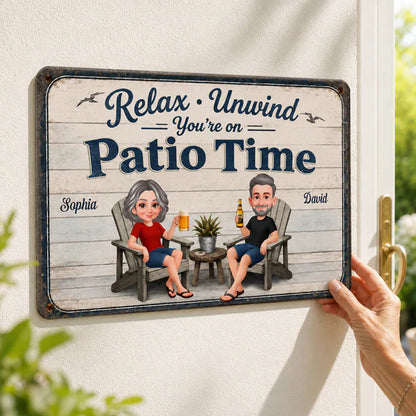 Personalized Metal Sign with Seated Patio Couple, Relax Unwind Decor, Unique Gift for Couples