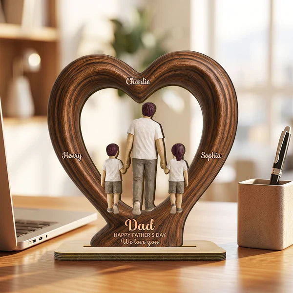 Heart Frame Wooden Plaque With Dad & Kids Holding Hands, Custom We Love You Creative Gift