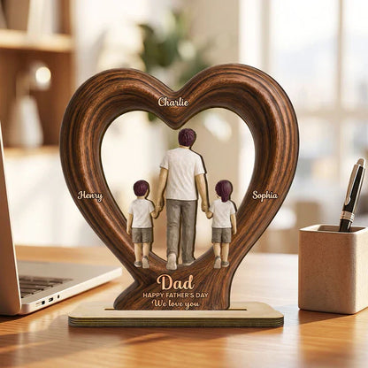 Heart Frame Wooden Plaque With Dad & Kids Holding Hands, Custom We Love You Creative Gift
