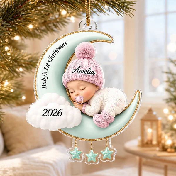 Acrylic Ornament With Sleeping Baby On Moon, Creative Christmas Gift For Baby & Family