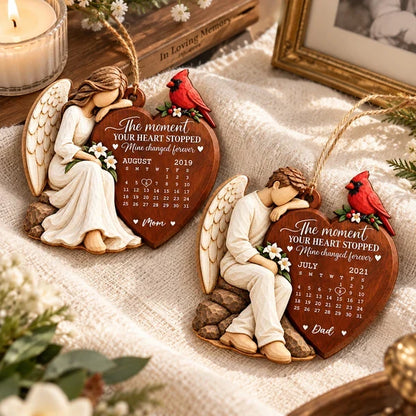 Personalized Wooden Ornament with Seated Angel and Cardinal, Unique Memorial Gift Honoring Mom