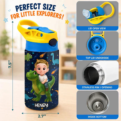 Personalized Kids Water Bottle, Cartoon Child Riding Dinosaur, Unique Creative Gift for Kids at School