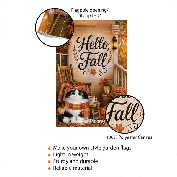 Hello Fall Garden Flag, Personalized Autumn Cat Porch Scene in Warm Orange Tones, Unique Gift for Pet Owners