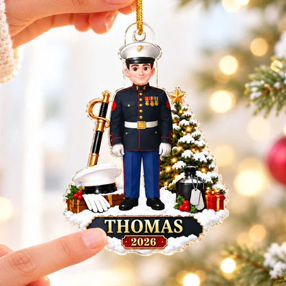 Personalized Acrylic Ornament, Marine in Dress Uniform Beside a Snowy Christmas Tree, Unique Gift for Service Members