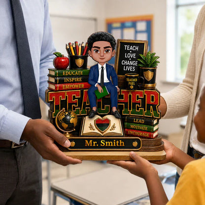 Personalized Wooden Plaque for Teacher, Sitting Classroom Illustration, Unique Creative Gift for Educators