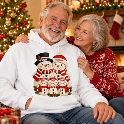 Personalized Square Pillow, Snowman Grandparents & Grandkids Gathered Together, Unique Christmas Gift for Grandparents