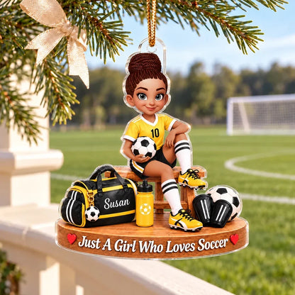 Personalized Acrylic Ornament, Seated Soccer Girl Holding a Ball, Unique Christmas Gift for Daughter