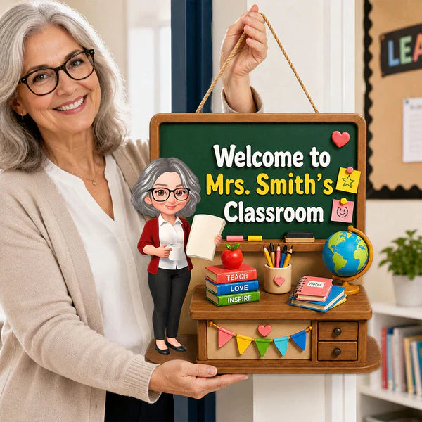 Personalized Wooden Sign with Standing Cartoon Teacher, Green Board Classroom Decor, Unique Teacher Gift