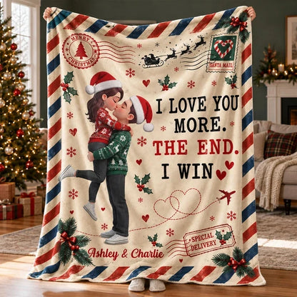 Personalized Fleece Blanket, Kissing Couple in a Vintage Christmas Scene, Unique Gift for Your Partner