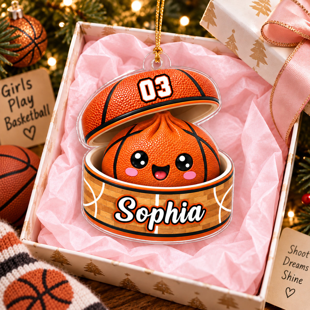 Custom Basketball Dumpling Acrylic Ornament, Cute Orange Cartoon, Unique Christmas Gift for Kids & Grandkids