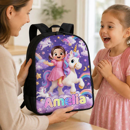 Personalized Kids School Backpack, Girl Riding Unicorn Design, Unique Back to School Gift for Daughter