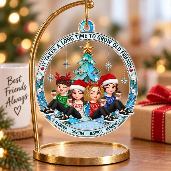Personalized Acrylic Ornament, Seated Friends by a Turquoise Christmas Tree, Unique Gift for Best Friend
