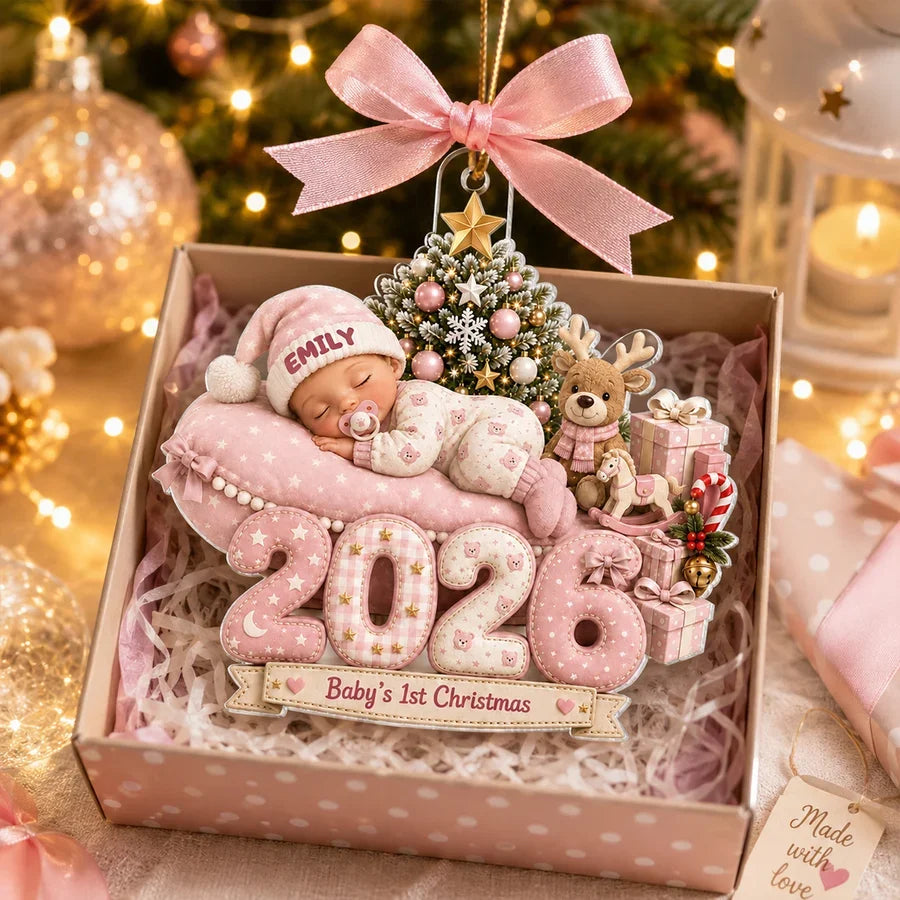 Personalized Acrylic Ornament, Sleeping Baby by a Christmas Tree, Unique First Christmas Gift for New Parents