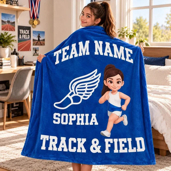 Personalized Track & Field Fleece Blanket, Red Running Girl Design, Unique Gift for Young Athletes