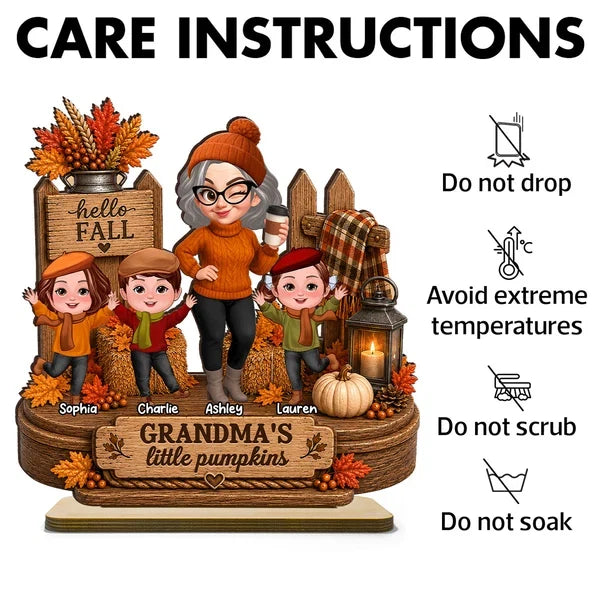 Personalized Wooden Plaque, Winking Grandma With Waving Grandkids in a Fall Scene, Unique Gift for Grandma
