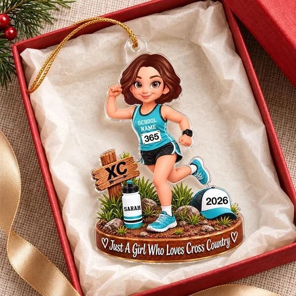 Personalized Acrylic Ornament, Colorful Cartoon Cross-Country Runner on a Trail, Unique Christmas Gift for Daughter