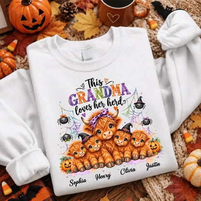 Personalized Grandma Loves Her Herd Sweatshirt, Cute Highland Cows and Spiders, Creative Halloween Gift