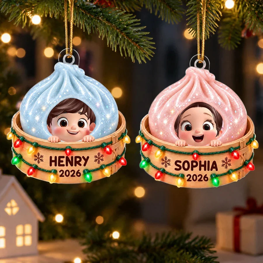 Personalized Acrylic Ornament, Smiling Child in a Dumpling Basket, Colorful Christmas Tree Decor, Unique Gift for Kids