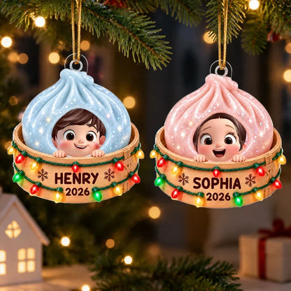 Personalized Acrylic Ornament, Smiling Child in a Dumpling Basket, Colorful Christmas Tree Decor, Unique Gift for Kids