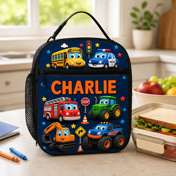 Personalized Kids Lunch Bag With Cute Unicorn & Vehicle Art, Unique Colorful School Gift for Kids