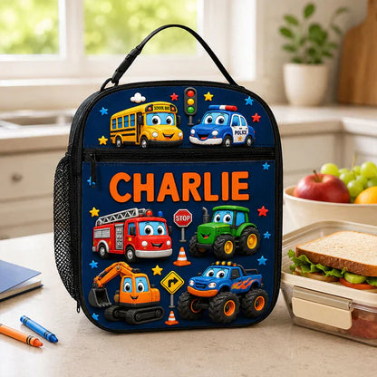 Personalized Kids Lunch Bag With Cute Unicorn & Vehicle Art, Unique Colorful School Gift for Kids