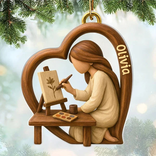 Personalized Acrylic Ornament, Warm Wood Tone Artist Painting in Heart, Unique Creative Gift for Artists