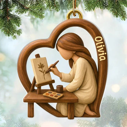 Personalized Acrylic Ornament, Warm Wood Tone Artist Painting in Heart, Unique Creative Gift for Artists