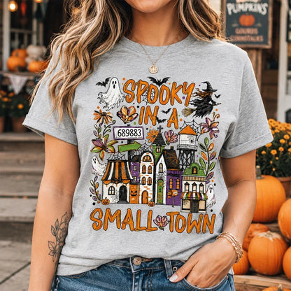 Personalized Classic Tee, Orange Ghost and Bat Town Scene, Unique Halloween Gift for Small Town Fans