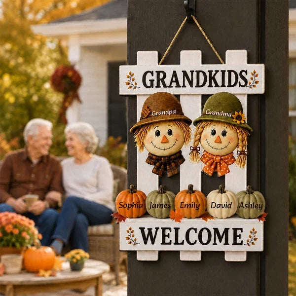 Grandkids Welcome Personalized Wooden Sign, Cute Autumn Door Decor, Creative Family Gift for Grandparents