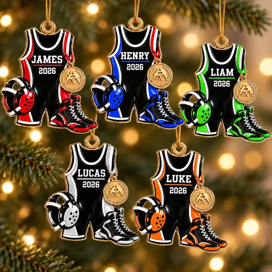 Personalized Wrestling Acrylic Ornament with Gear and Medal, Creative Christmas Gift for Son