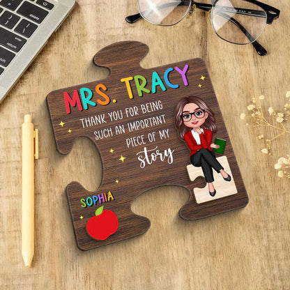 Personalized Teacher 2-Layer Wooden Plaque, Puzzle Piece Unique Gift With Cartoon Teacher, Apple And Book