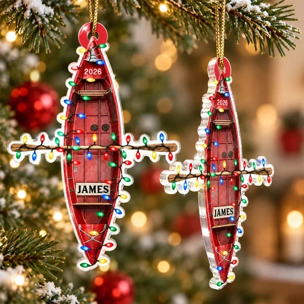 Personalized Red Kayak Acrylic Ornament with Christmas Lights, Unique Gift for Boating Fans