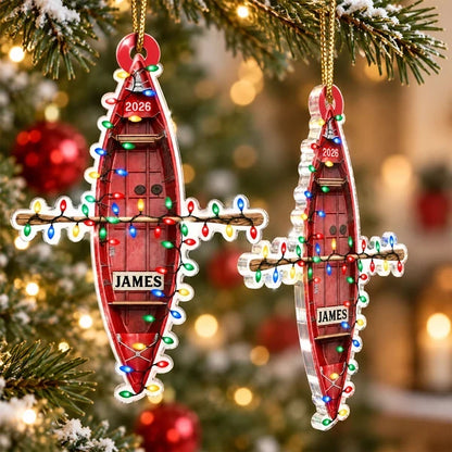 Personalized Red Kayak Acrylic Ornament with Christmas Lights, Unique Gift for Boating Fans
