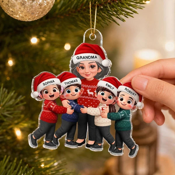 Personalized Acrylic Ornament, Cartoon Grandma Hugging Grandkids, Red Christmas Decor, Unique Gift for Grandma