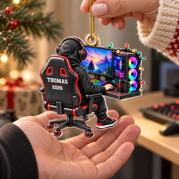 Personalized Acrylic Ornament, Seated Gamer at RGB Setup, Unique Creative Christmas Gift for Gamers