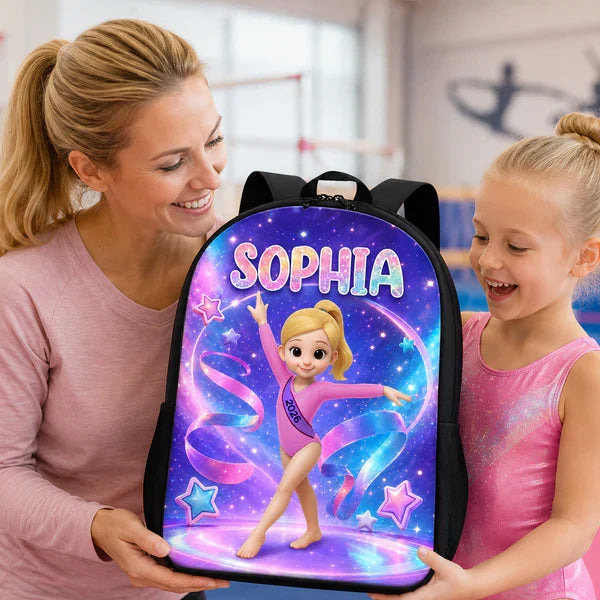 Kids School Backpack with Custom Gymnastics Art, Sparkly Purple Ribbons, Creative Gift for Granddaughter