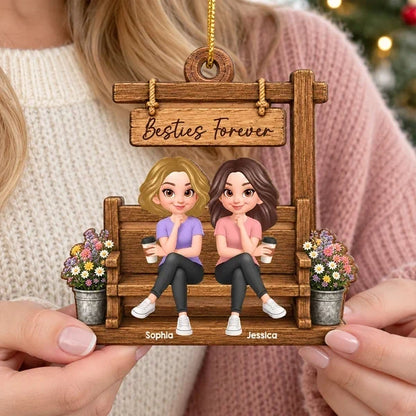 Personalized 2-Layer Wooden Plaque, Cartoon Friends Sharing Coffee on a Garden Bench, Unique Gift for Her