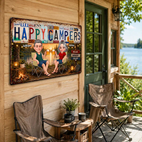 Personalized Rectangular Iron Sign, Happy Campers Couple Camping Gift, Unique Porch Decor