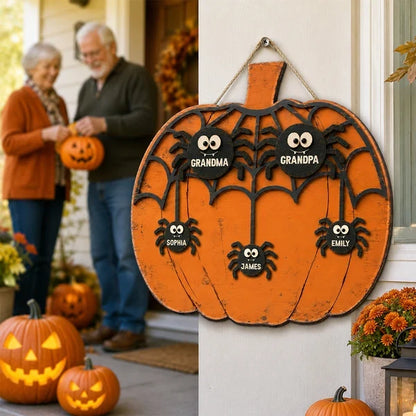 Grandma and Grandkids Wooden Sign, Rustic Orange Halloween Spider Web, Personalized Creative Family Gift