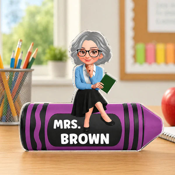 Shaped Acrylic Block Plaque For Teacher, Custom Cartoon Crayon Design, Creative Classroom Thank You Gift