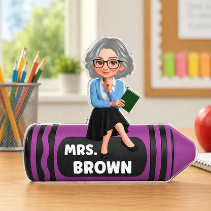 Shaped Acrylic Block Plaque For Teacher, Custom Cartoon Crayon Design, Creative Classroom Thank You Gift