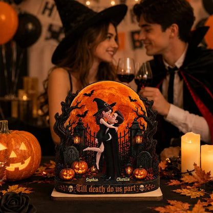 Eternal Love Couple Under Halloween Moon Light - Personalized 2-Layered Wooden Plaque - Halloween Gift For Couple