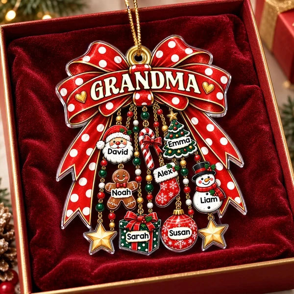 Personalized Acrylic Ornament with Red Bow and Festive Charms, Unique Christmas Gift for Grandma