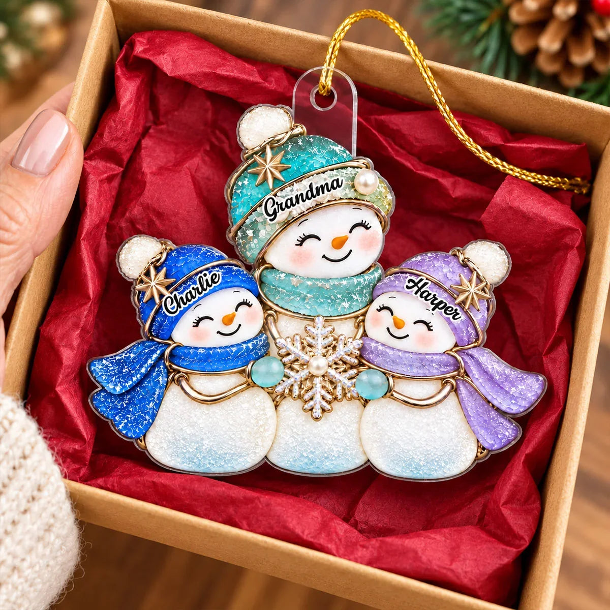 Personalized Acrylic Ornament, Teal and Blue Grandma and Grandchild Snowmen, Unique Christmas Gift for Grandma