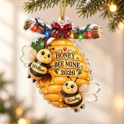 Personalized Acrylic Ornament with Cute Bee Couple and Hive, Unique Christmas Gift for Couples