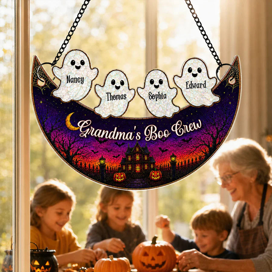 Personalized Acrylic Suncatcher Ornament for Grandma, Moon Boo Crew Halloween Window Decor, Unique Gift