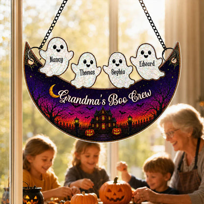 Personalized Acrylic Suncatcher Ornament for Grandma, Moon Boo Crew Halloween Window Decor, Unique Gift