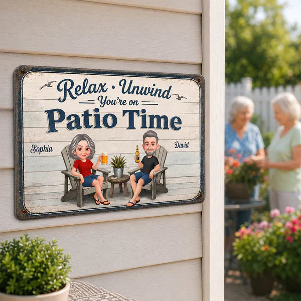 Personalized Metal Sign with Seated Patio Couple, Relax Unwind Decor, Unique Gift for Couples